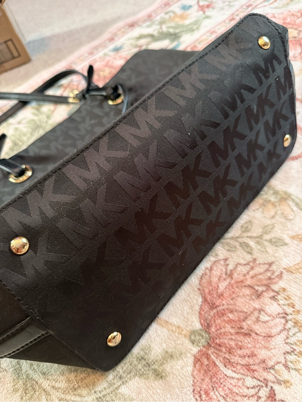 Michael Kors Black MK Monogram Tote with Gold Charm - Picture 4 of 7